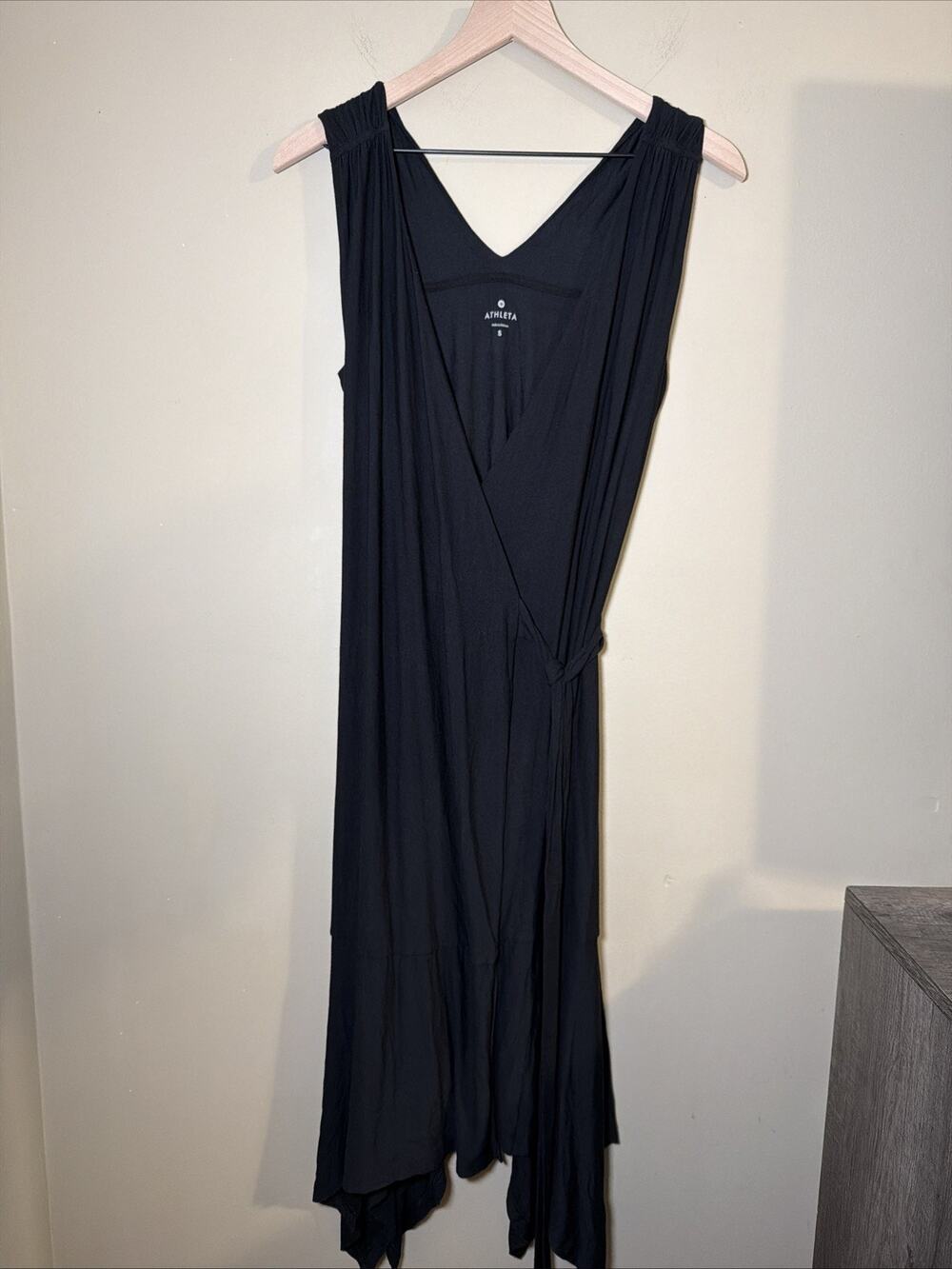 Athleta Windward Wrap Dress Women Small Black Modal Asymmetrical Midi Sleeveless